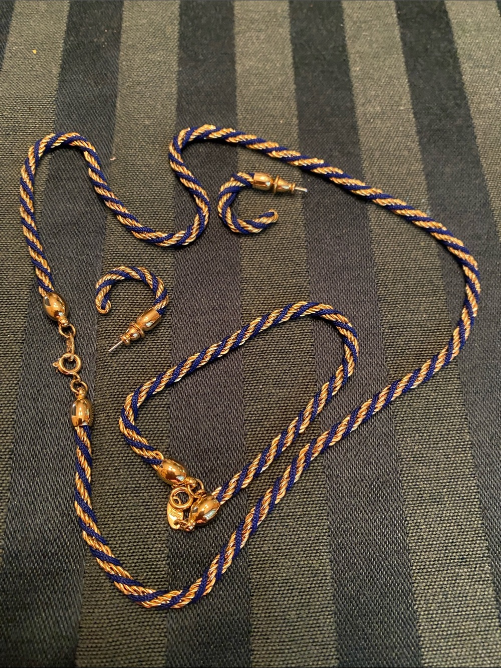 Trifari Gold-Tone and Navy Twisted Rope Necklace with Matching Earrings